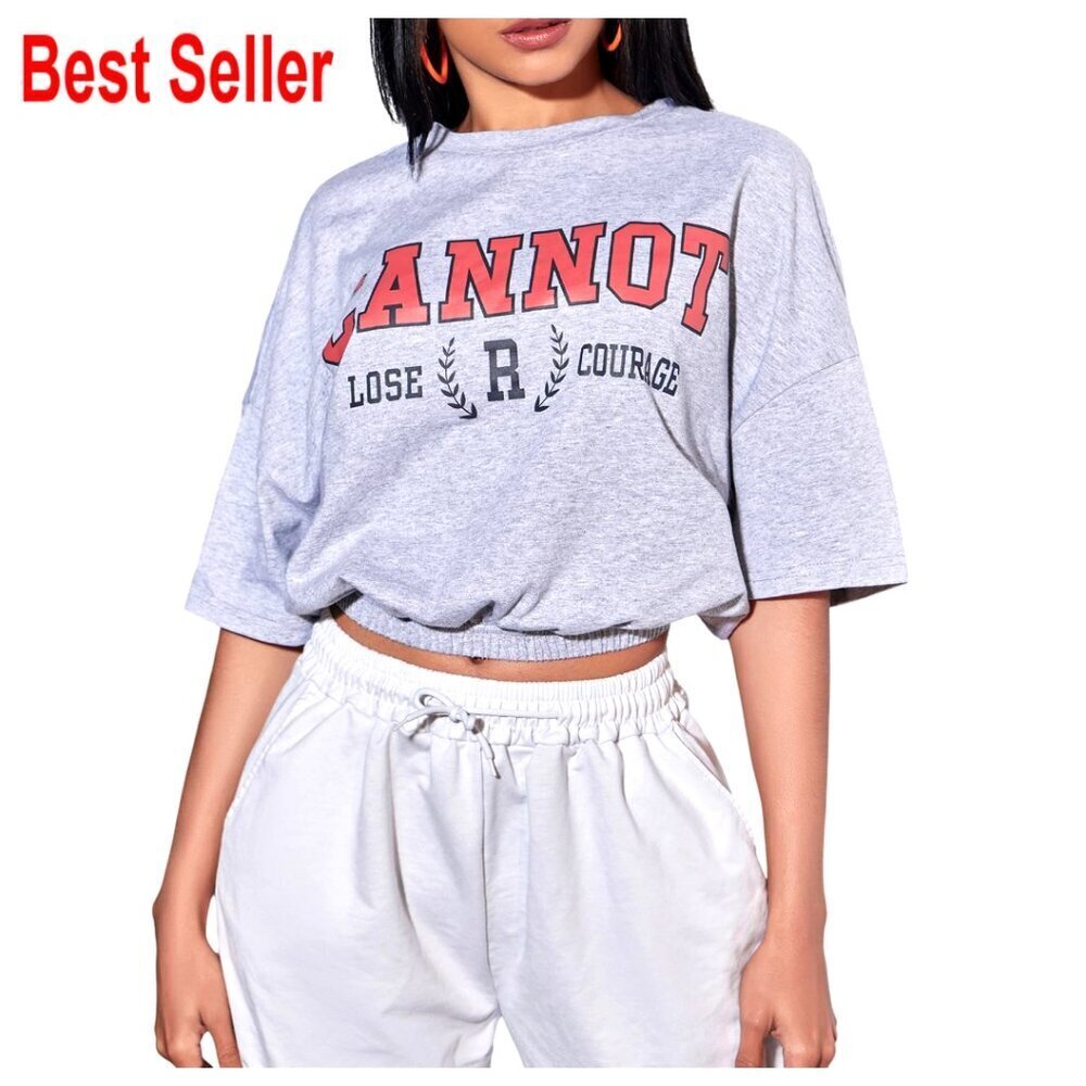 Y2K Letter Print Graphic Tee Half Sleeve Elastic Waist Crew Neck Summer T-Shirt